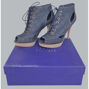 Stuart Weitzman Navy Dirty Denim JW28346 Womens High Heel Lace Up Ankle Boots 9N
